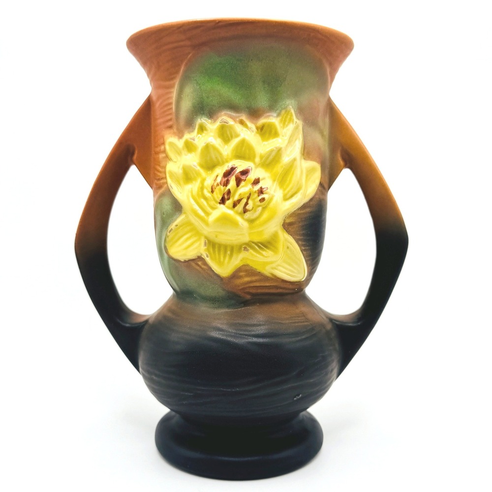 Roseville Water Lily 74-7 Vase Brown Green Yellow 1943 Art Pottery USA 7.25"